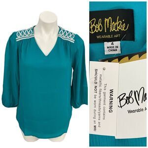 Bob Mackie Top Womens Small Green Blouse Wearable Art Office Casual Work Peasant